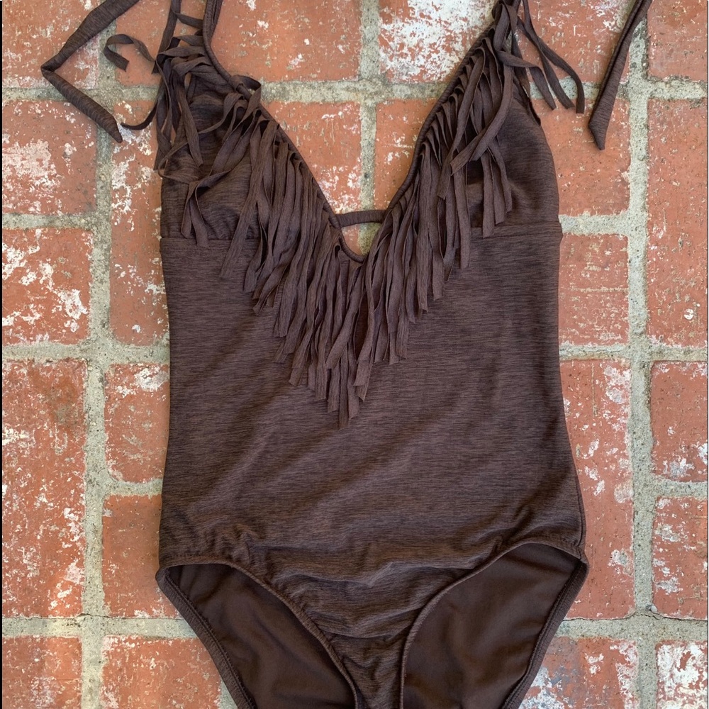 Mossimo brown fringe top swim suit.